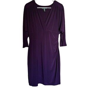 Lauren Ralph Lauren Women's Purple V-Neck Dress Size 14 Side Ruching Lined NEW
